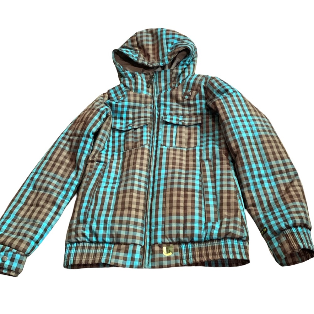 Burton Dry Ride Small Snowboard Ski Jacket Zip Brown Blue Plaid Women's W/hood